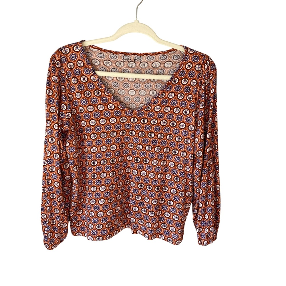 LOFT Womens Rust Orange Blue Geometric Medallion V-Neck‎ Long Sleeve Top Small